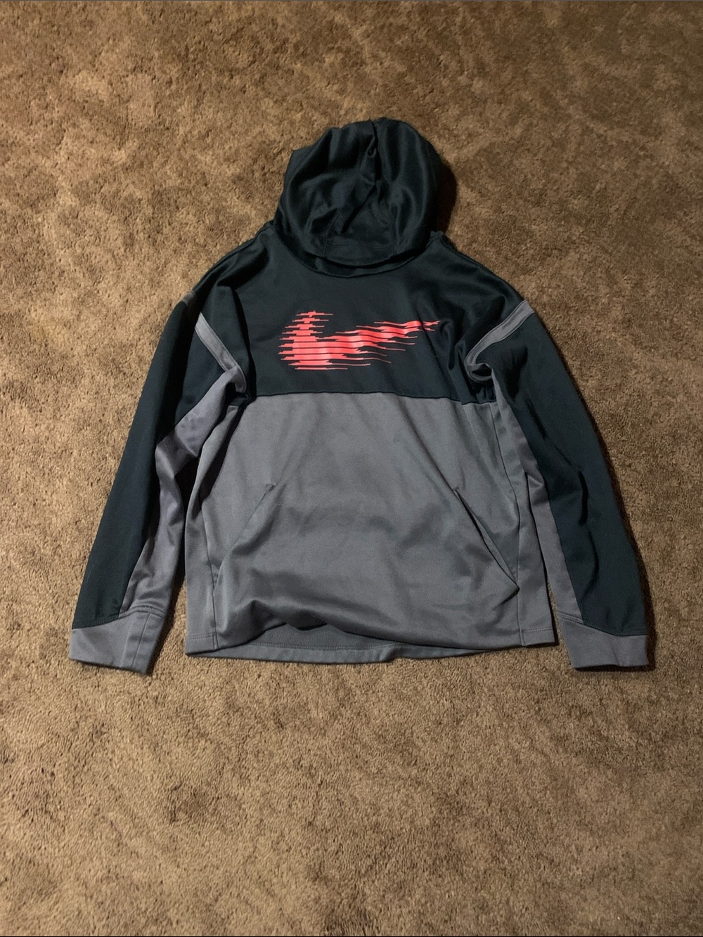 Kids large Nike Two-Tone Grey & Black Pullover Hoodie with Red Swoosh